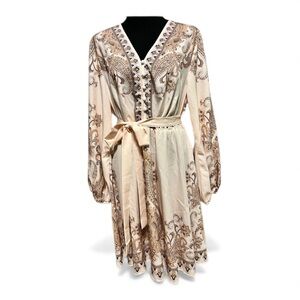 Cream Paisley Long Sleeve Dress Satiny